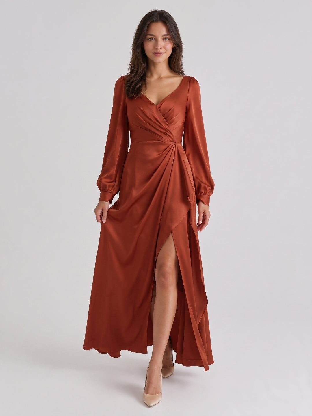 Rust Matte Satin Column V-Neck Back Zip Floor-Length Bridesmaid Dress with Pleats - Curvevia