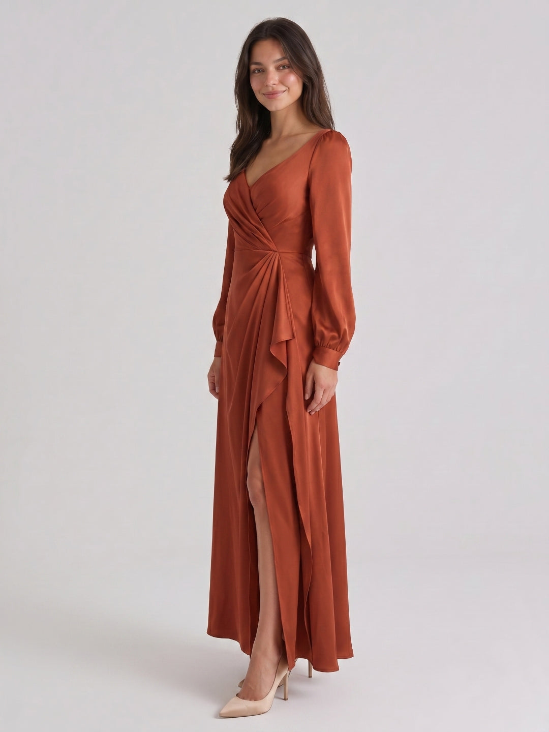 Rust Matte Satin Column V-Neck Back Zip Floor-Length Bridesmaid Dress with Pleats - Curvevia