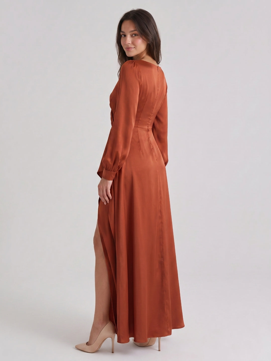 Rust Matte Satin Column V-Neck Back Zip Floor-Length Bridesmaid Dress with Pleats - Curvevia