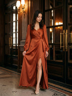 Rust Matte Satin Column V-Neck Back Zip Floor-Length Bridesmaid Dress with Pleats - Curvevia
