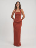 Rust Matte Satin Sheath Straight Neck Back Zip Floor-Length Dress - Curvevia