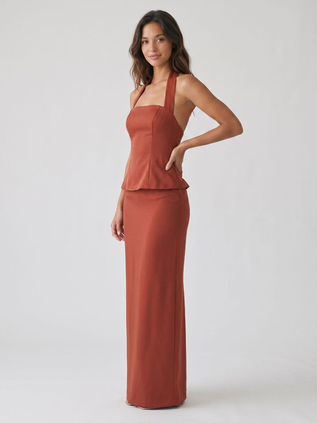 Rust Matte Satin Sheath Straight Neck Back Zip Floor-Length Dress - Curvevia