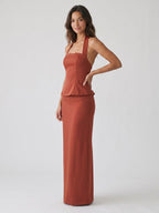 Rust Matte Satin Sheath Straight Neck Back Zip Floor-Length Dress - Curvevia