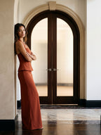 Rust Matte Satin Sheath Straight Neck Back Zip Floor-Length Dress - Curvevia