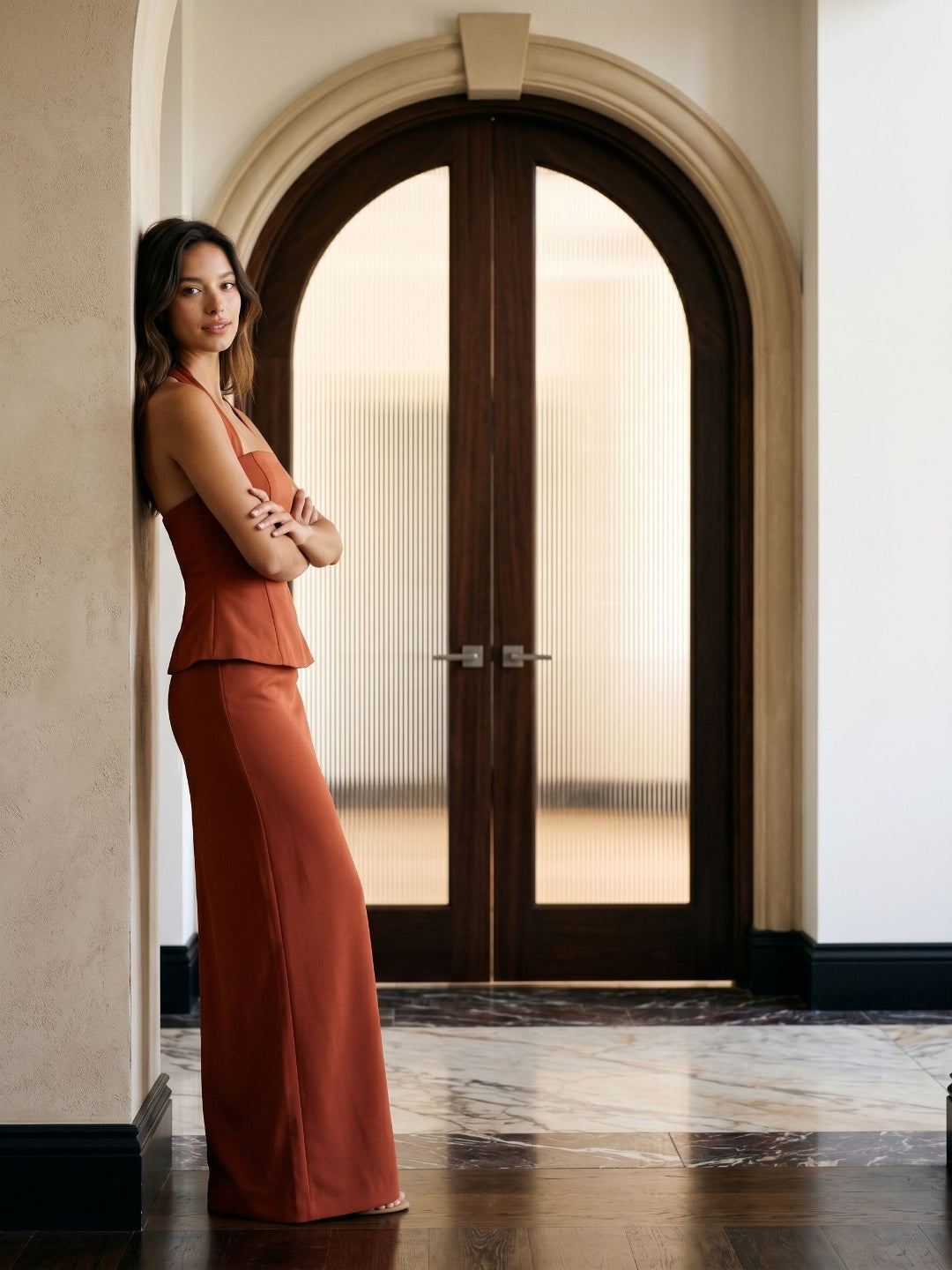 Rust Matte Satin Sheath Straight Neck Back Zip Floor-Length Dress - Curvevia
