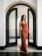 Rust Matte Satin Sheath Straight Neck Back Zip Floor-Length Dress - Curvevia