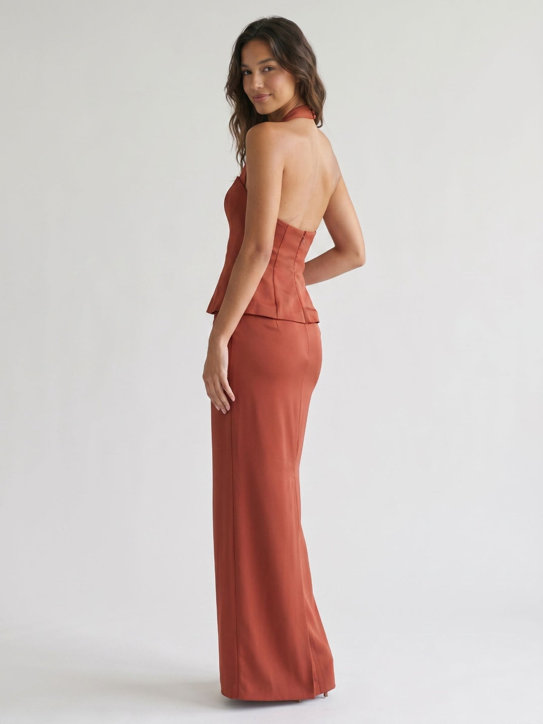 Rust Matte Satin Sheath Straight Neck Back Zip Floor-Length Dress - Curvevia