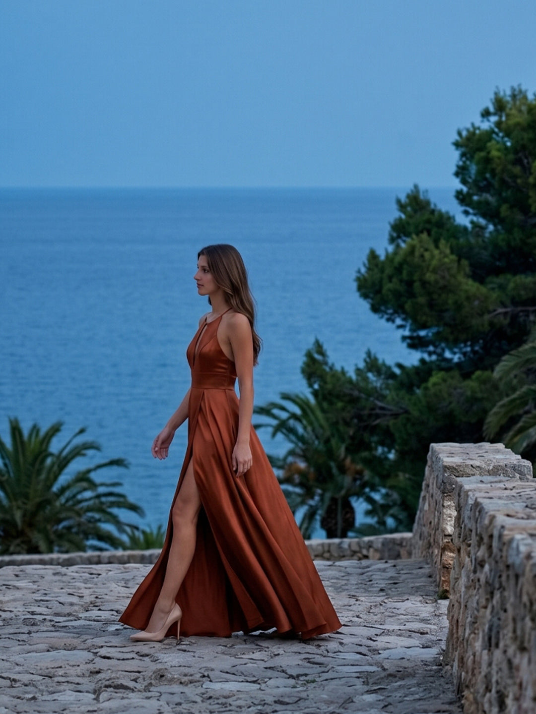 Rust Satin A-Line Halter Backless Floor-Length Bridesmaid Dress with Pleated Details - Curvevia