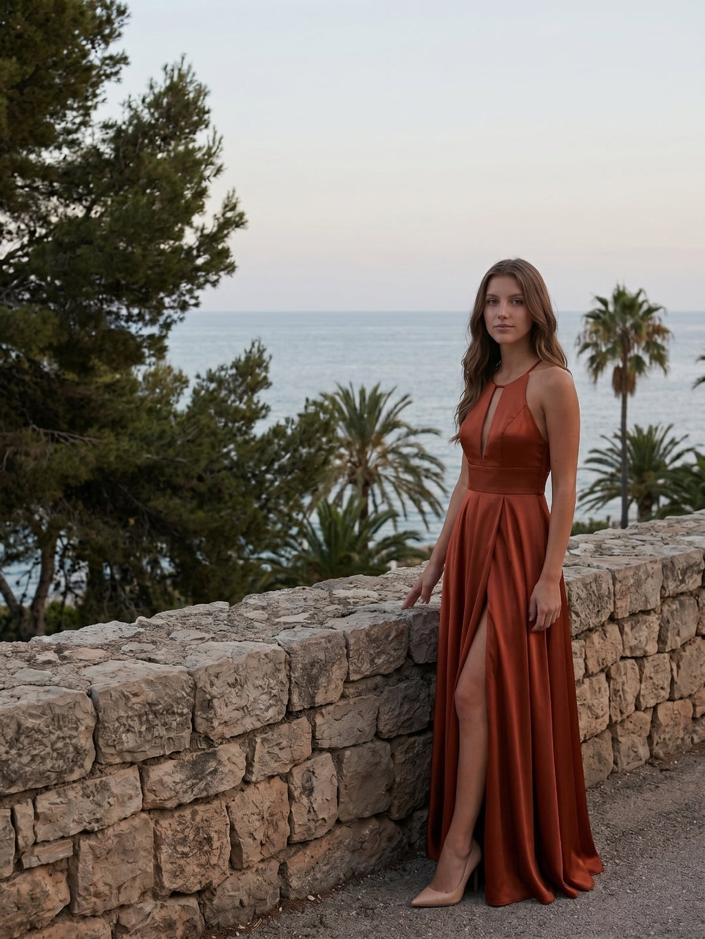 Rust Satin A-Line Halter Backless Floor-Length Bridesmaid Dress with Pleated Details - Curvevia