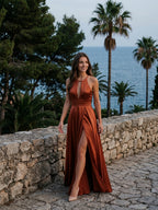Rust Satin A-Line Halter Backless Floor-Length Bridesmaid Dress with Pleated Details - Curvevia
