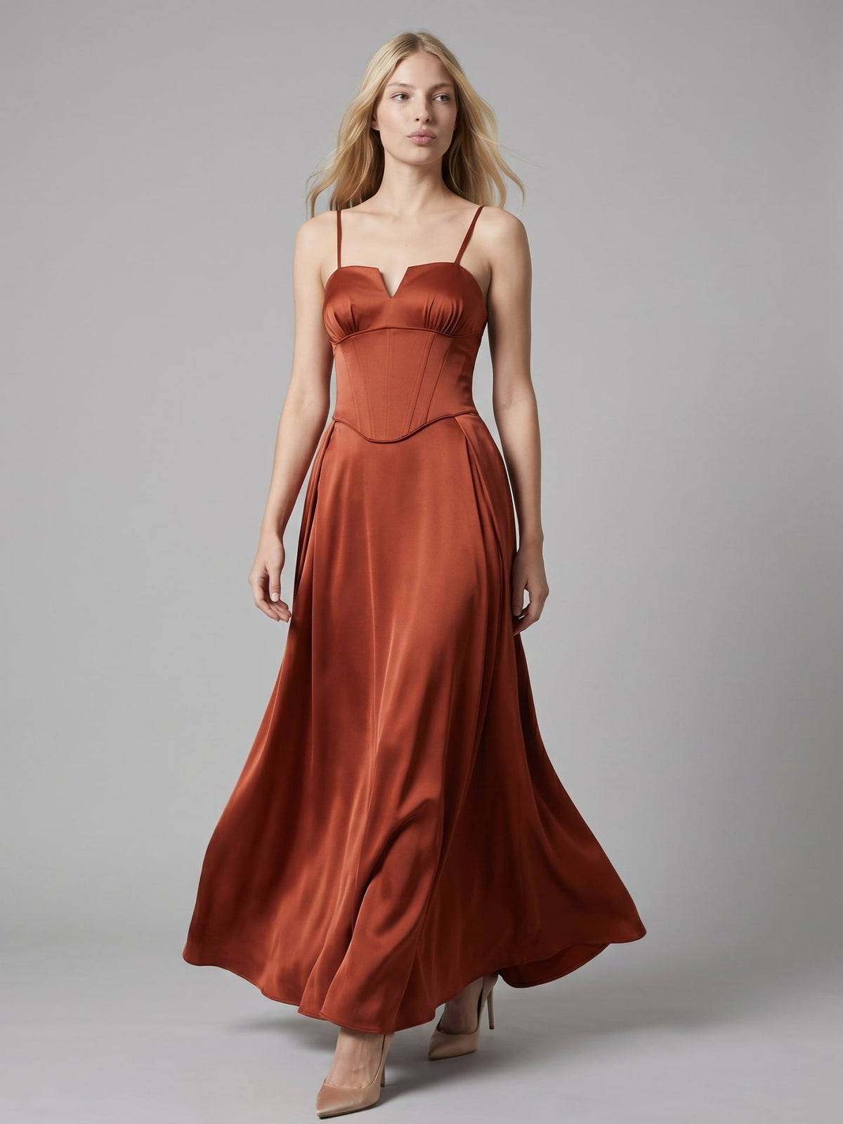 Rust Satin A-Line Straight Neck Backless Floor-Length Bridesmaid Dress with Bow - Curvevia
