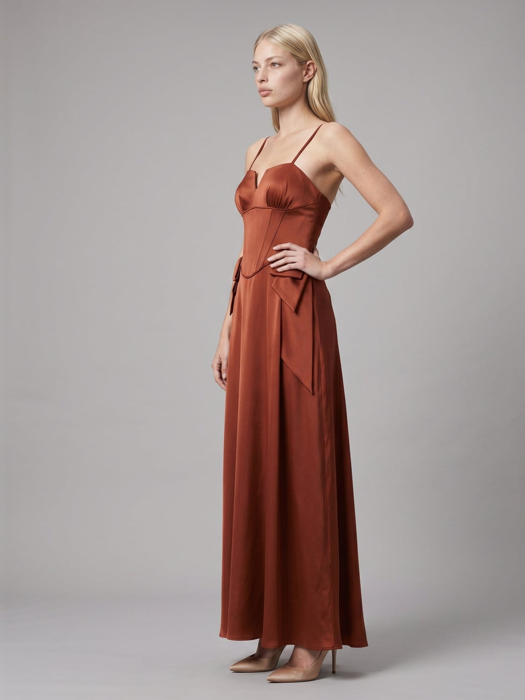 Rust Satin A-Line Straight Neck Backless Floor-Length Bridesmaid Dress with Bow - Curvevia