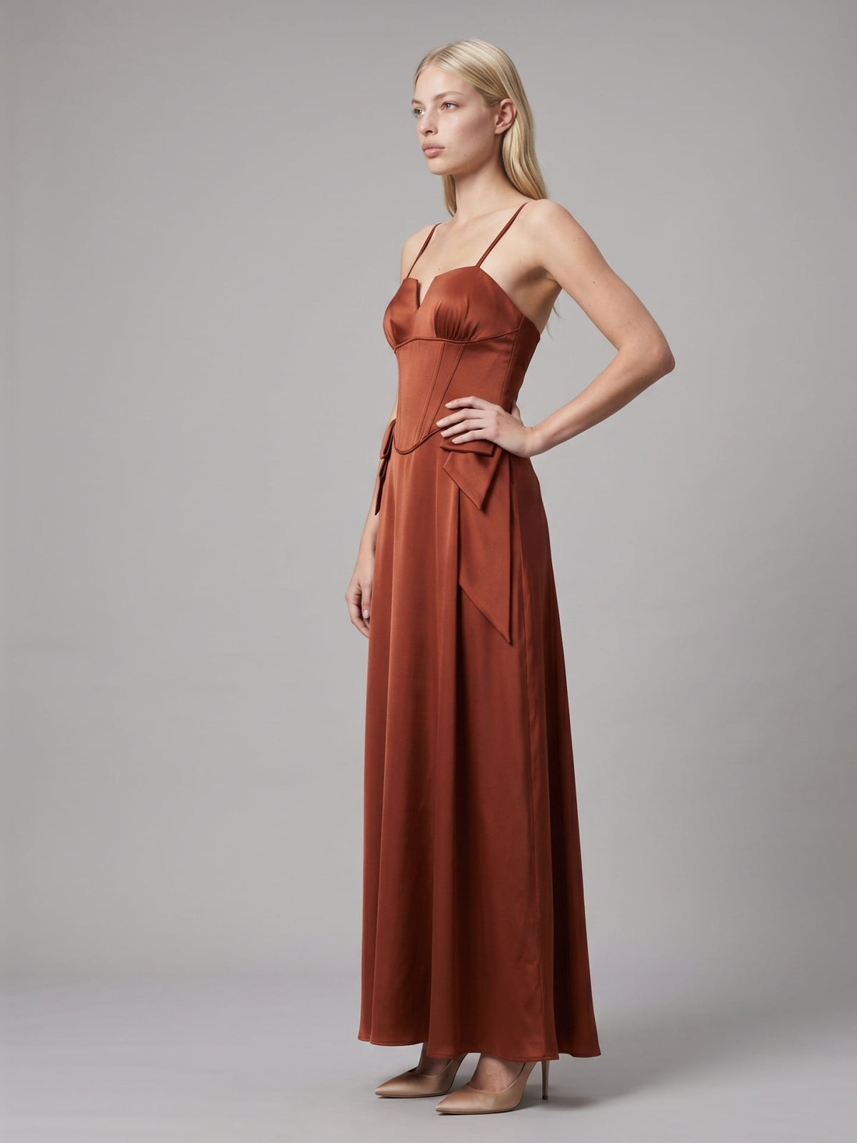 Rust Satin A-Line Straight Neck Backless Floor-Length Bridesmaid Dress with Bow - Curvevia