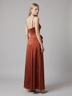 Rust Satin A-Line Straight Neck Backless Floor-Length Bridesmaid Dress with Bow - Curvevia