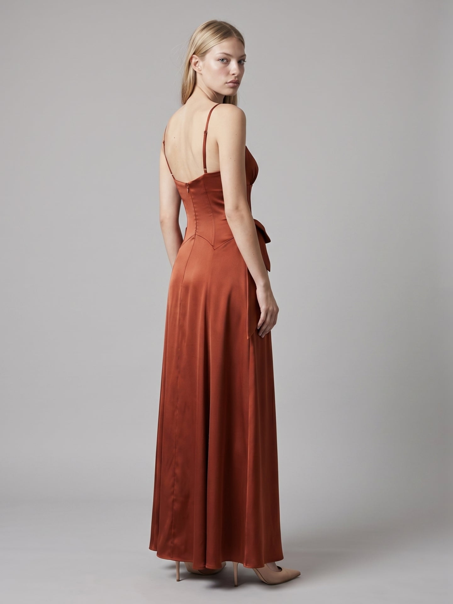 Rust Satin A-Line Straight Neck Backless Floor-Length Bridesmaid Dress with Bow - Curvevia