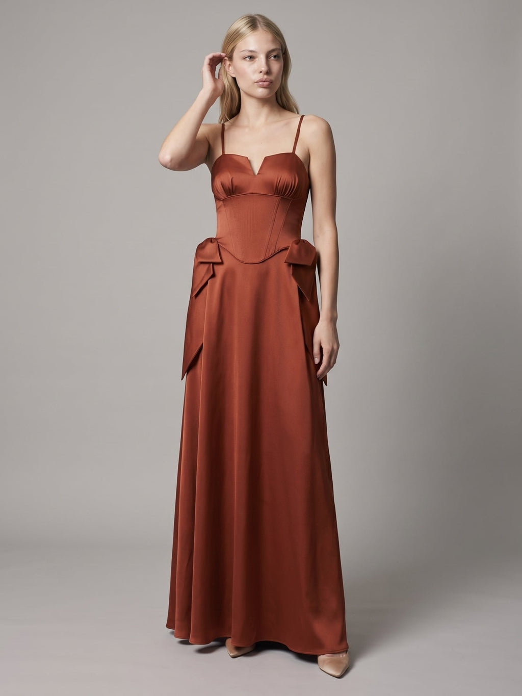 Rust Satin A-Line Straight Neck Backless Floor-Length Bridesmaid Dress with Bow - Curvevia