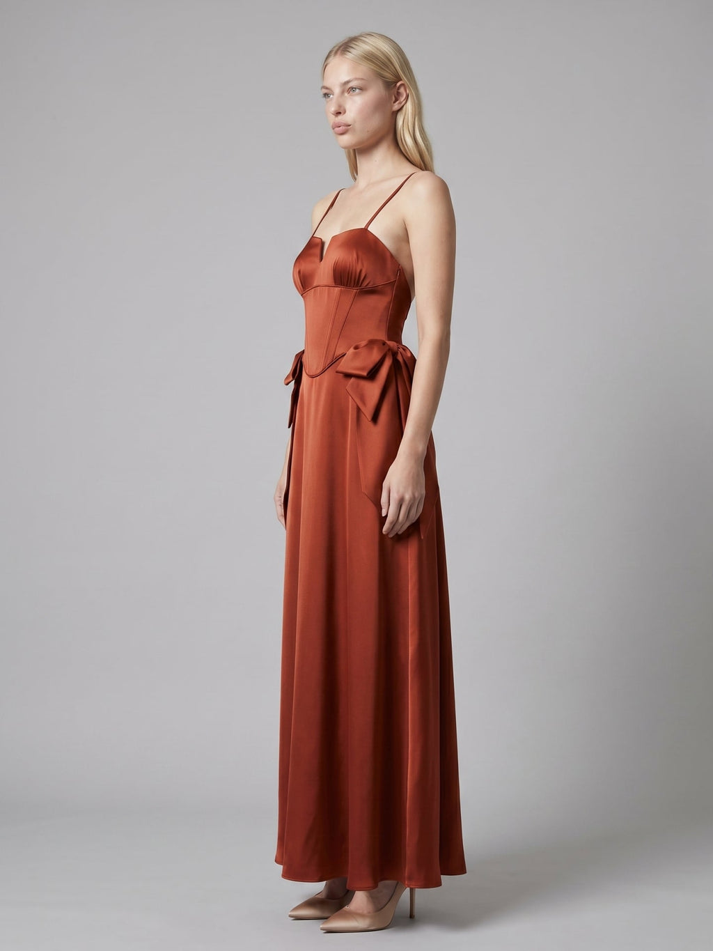 Rust Satin A-Line Straight Neck Backless Floor-Length Bridesmaid Dress with Bow - Curvevia