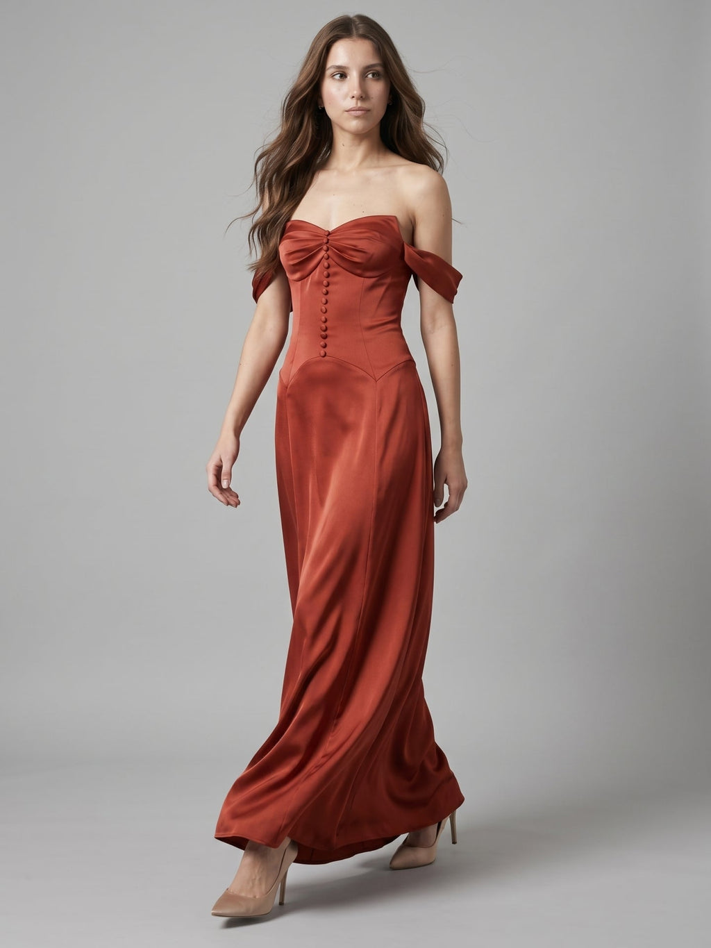 Rust Satin A-Line Off-the-Shoulder Backless Floor-Length Bridesmaid Dress with Pleats - Curvevia