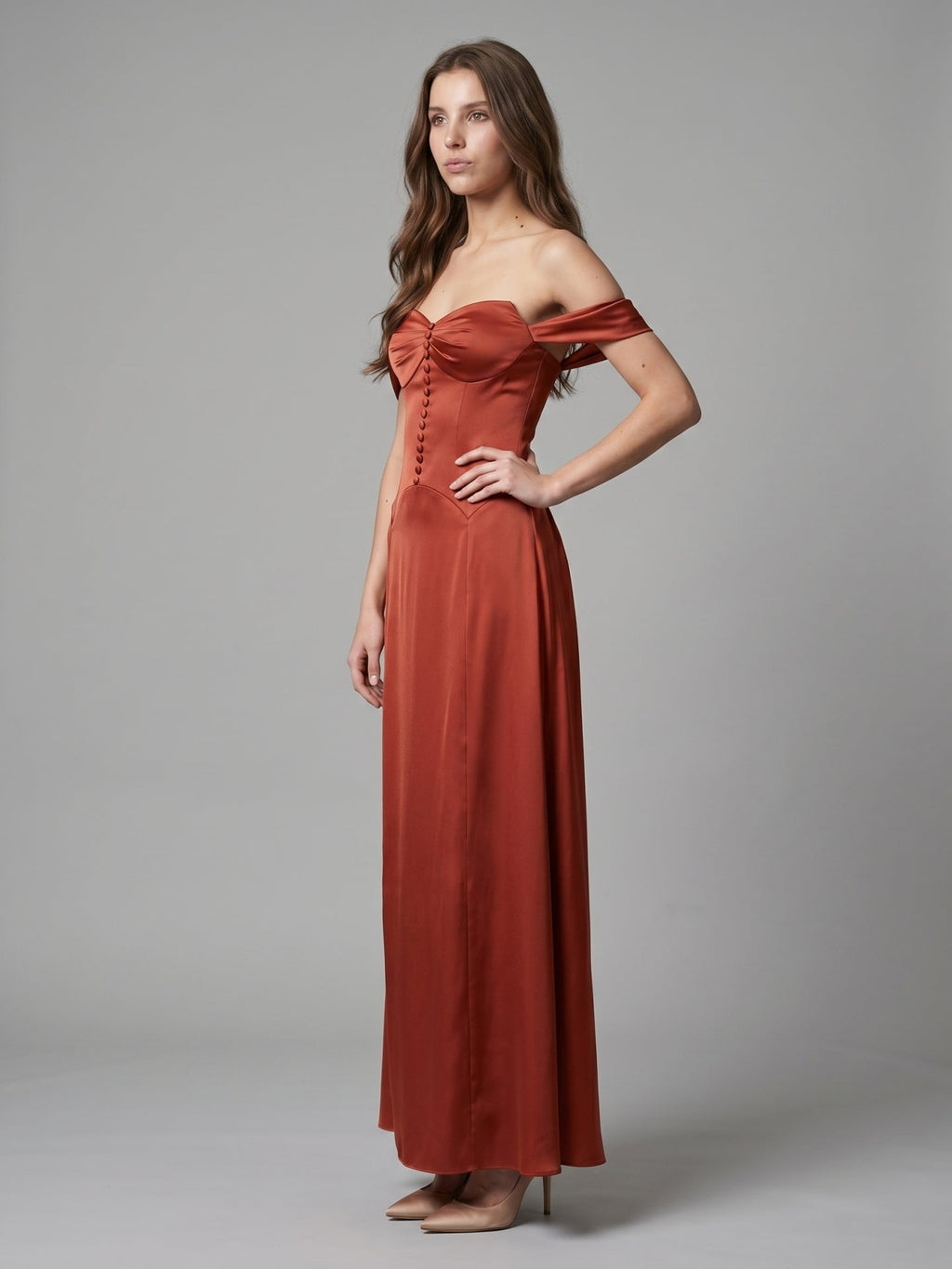 Rust Satin A-Line Off-the-Shoulder Backless Floor-Length Bridesmaid Dress with Pleats - Curvevia