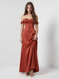 Rust Satin A-Line Off-the-Shoulder Backless Floor-Length Bridesmaid Dress with Pleats - Curvevia