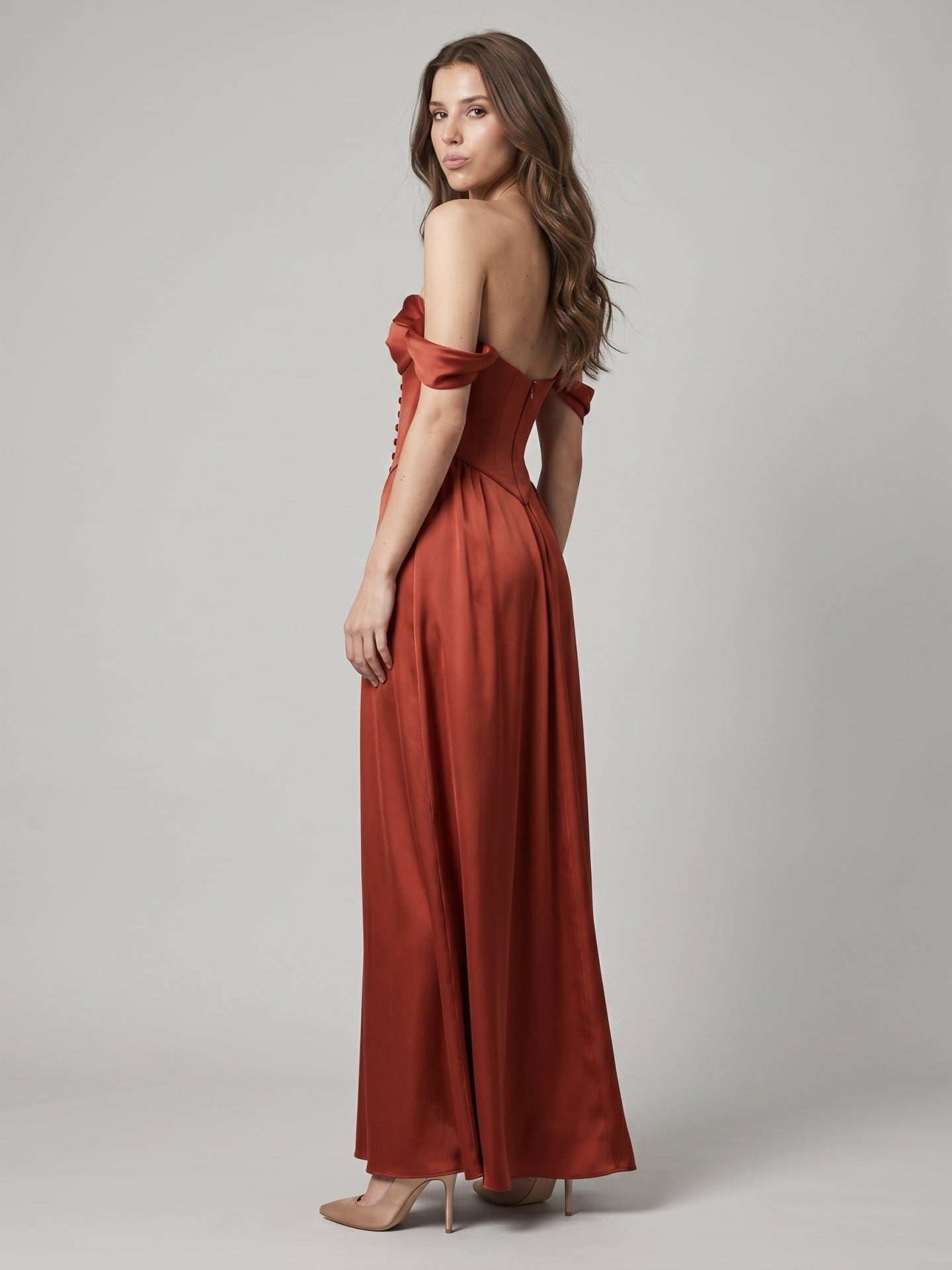 Rust Satin A-Line Off-the-Shoulder Backless Floor-Length Bridesmaid Dress with Pleats - Curvevia