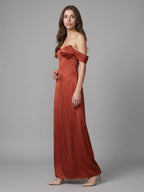 Rust Satin A-Line Off-the-Shoulder Backless Floor-Length Bridesmaid Dress with Pleats - Curvevia