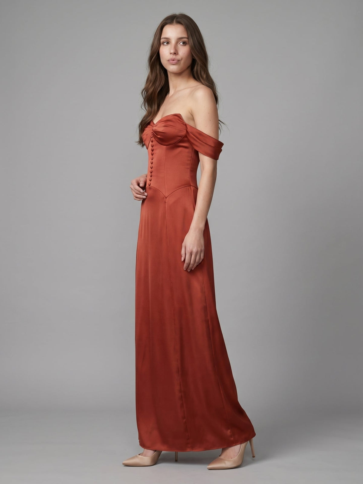 Rust Satin A-Line Off-the-Shoulder Backless Floor-Length Bridesmaid Dress with Pleats - Curvevia