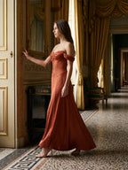 Rust Satin A-Line Off-the-Shoulder Backless Floor-Length Bridesmaid Dress with Pleats - Curvevia