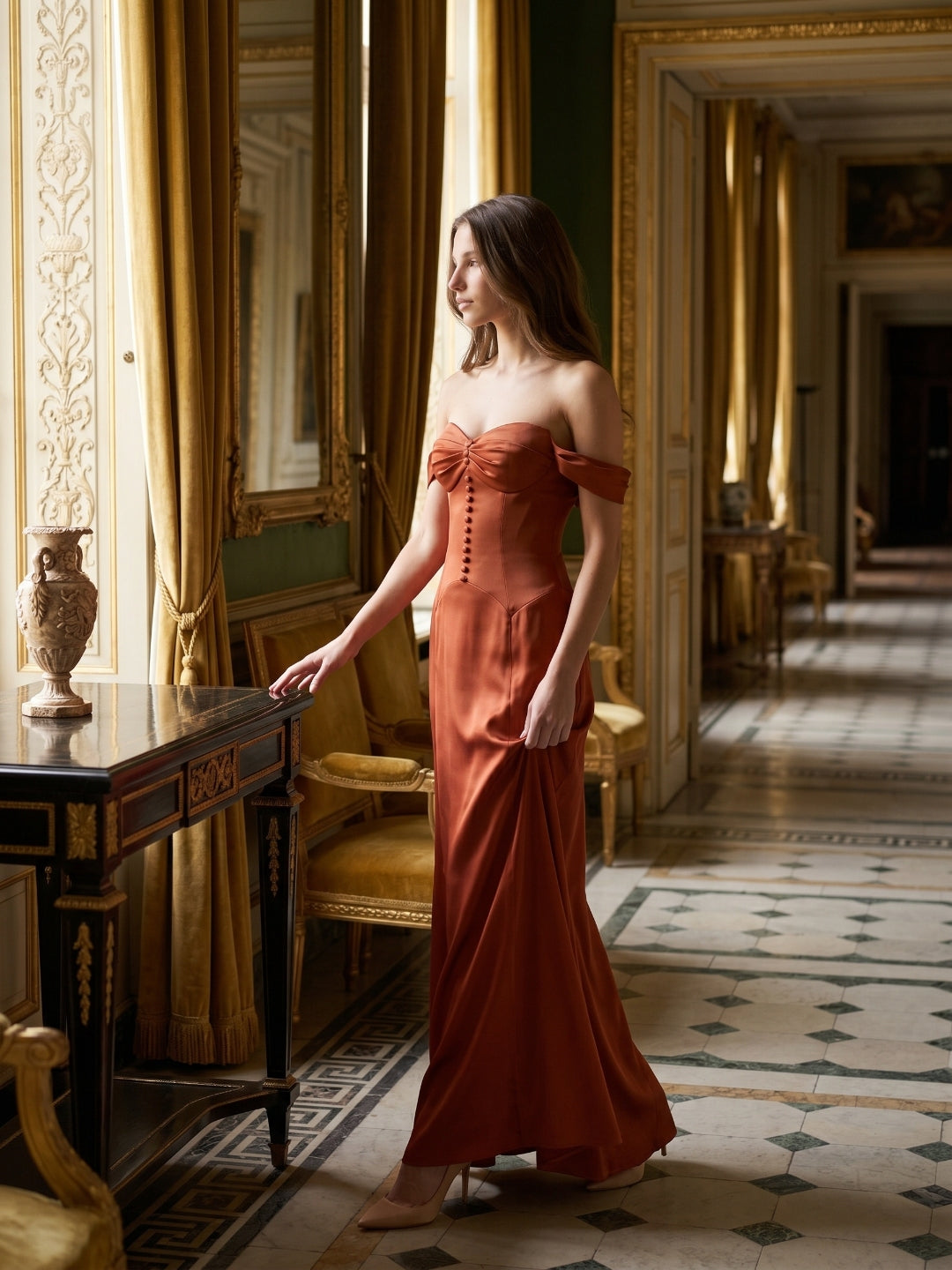 Rust Satin A-Line Off-the-Shoulder Backless Floor-Length Bridesmaid Dress with Pleats - Curvevia