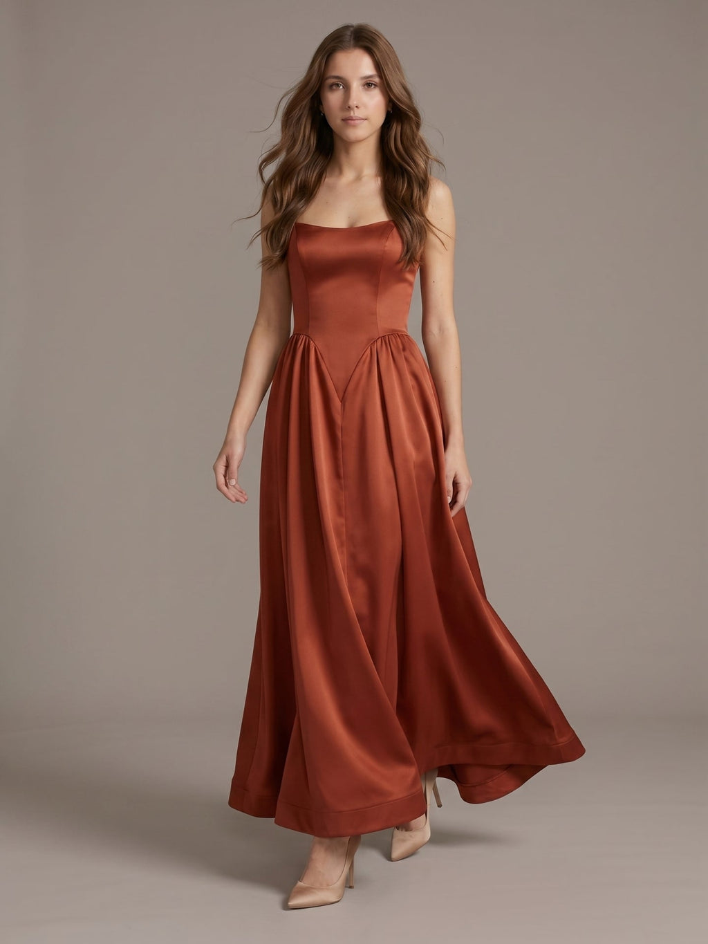 Rust Satin A-Line Straight Neck Backless Ankle-Length Bridesmaid Dress - Curvevia