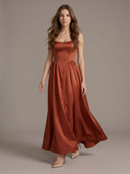 Rust Satin A-Line Straight Neck Backless Ankle-Length Bridesmaid Dress - Curvevia