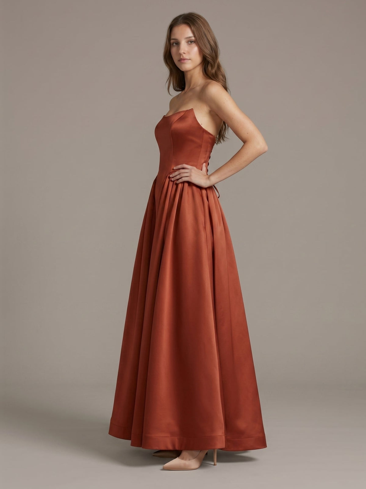 Rust Satin A-Line Straight Neck Backless Ankle-Length Bridesmaid Dress - Curvevia