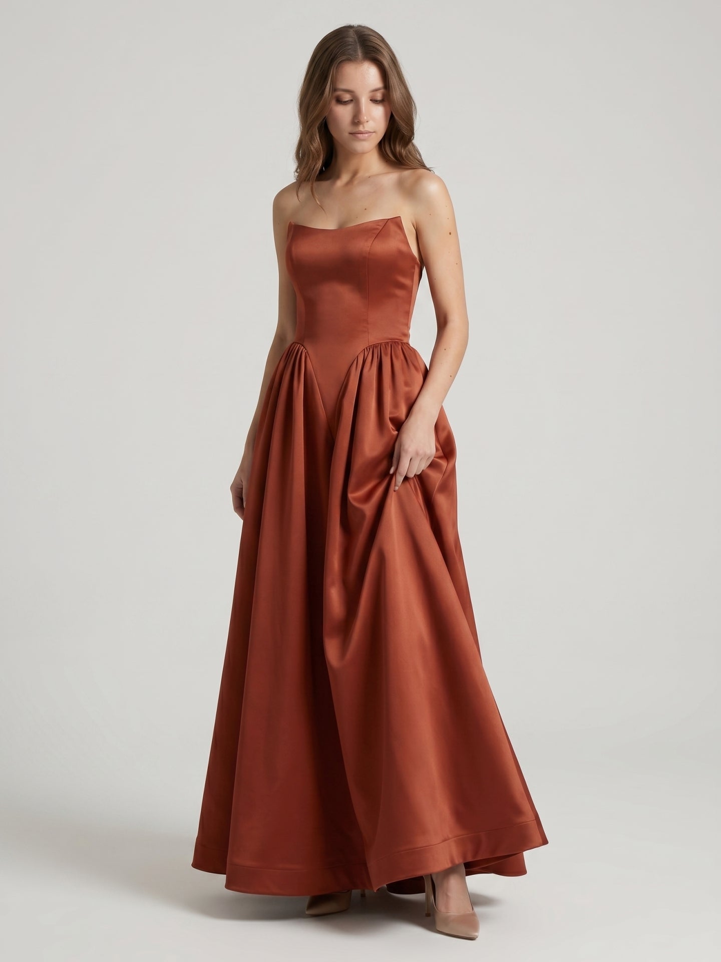 Rust Satin A-Line Straight Neck Backless Ankle-Length Bridesmaid Dress - Curvevia