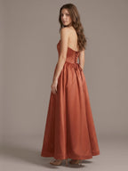 Rust Satin A-Line Straight Neck Backless Ankle-Length Bridesmaid Dress - Curvevia