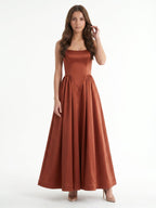 Rust Satin A-Line Straight Neck Backless Ankle-Length Bridesmaid Dress - Curvevia