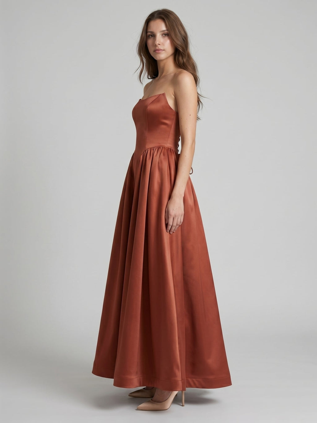 Rust Satin A-Line Straight Neck Backless Ankle-Length Bridesmaid Dress - Curvevia