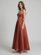Rust Satin A-Line Straight Neck Backless Ankle-Length Bridesmaid Dress - Curvevia