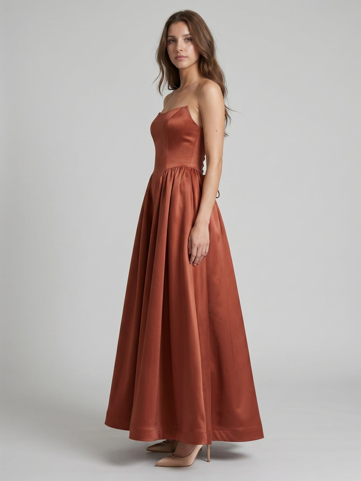 Rust Satin A-Line Straight Neck Backless Ankle-Length Bridesmaid Dress - Curvevia