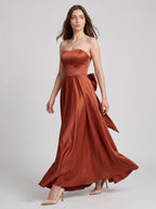 Rust Satin A-Line Straight Neck Backless Floor-Length Bridesmaid Dress with Bow Detail - Curvevia