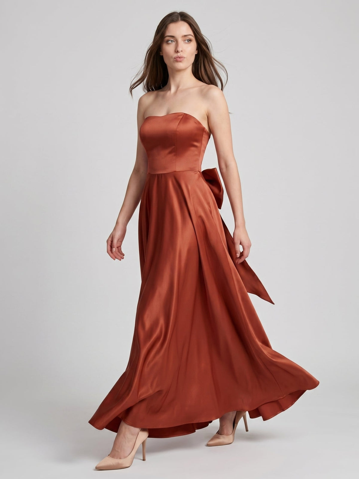 Rust Satin A-Line Straight Neck Backless Floor-Length Bridesmaid Dress with Bow Detail - Curvevia