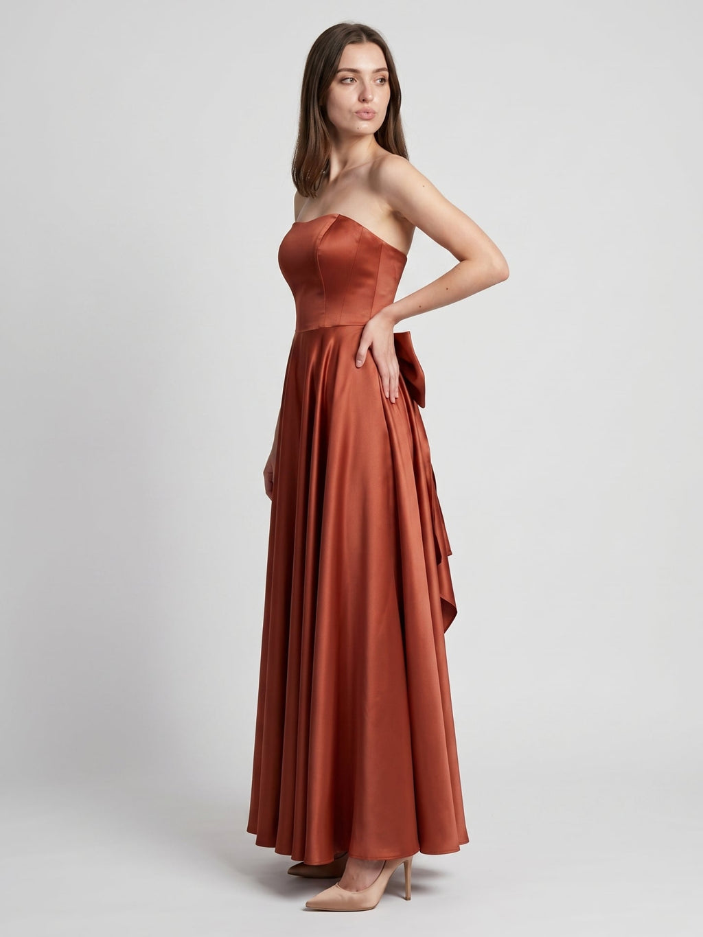 Rust Satin A-Line Straight Neck Backless Floor-Length Bridesmaid Dress with Bow Detail - Curvevia
