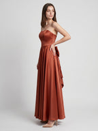 Rust Satin A-Line Straight Neck Backless Floor-Length Bridesmaid Dress with Bow Detail - Curvevia
