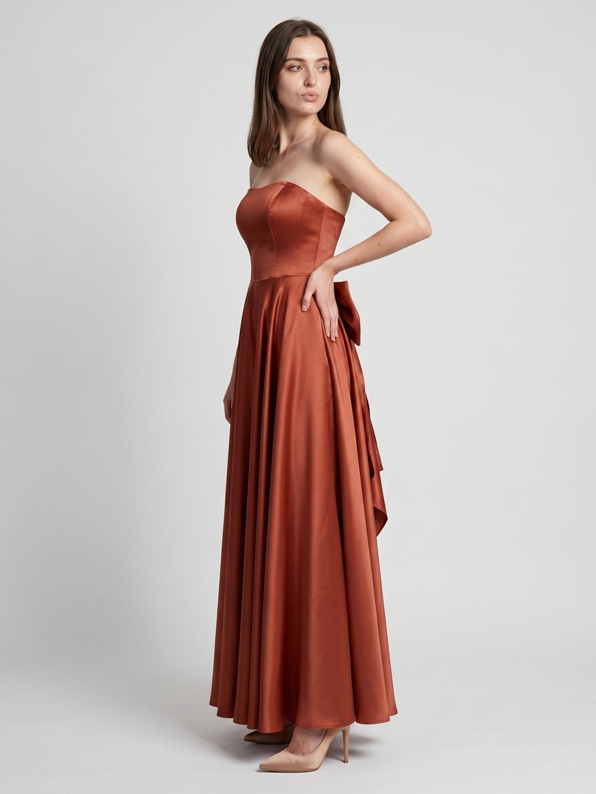 Rust Satin A-Line Straight Neck Backless Floor-Length Bridesmaid Dress with Bow Detail - Curvevia