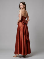 Rust Satin A-Line Straight Neck Backless Floor-Length Bridesmaid Dress with Bow Detail - Curvevia