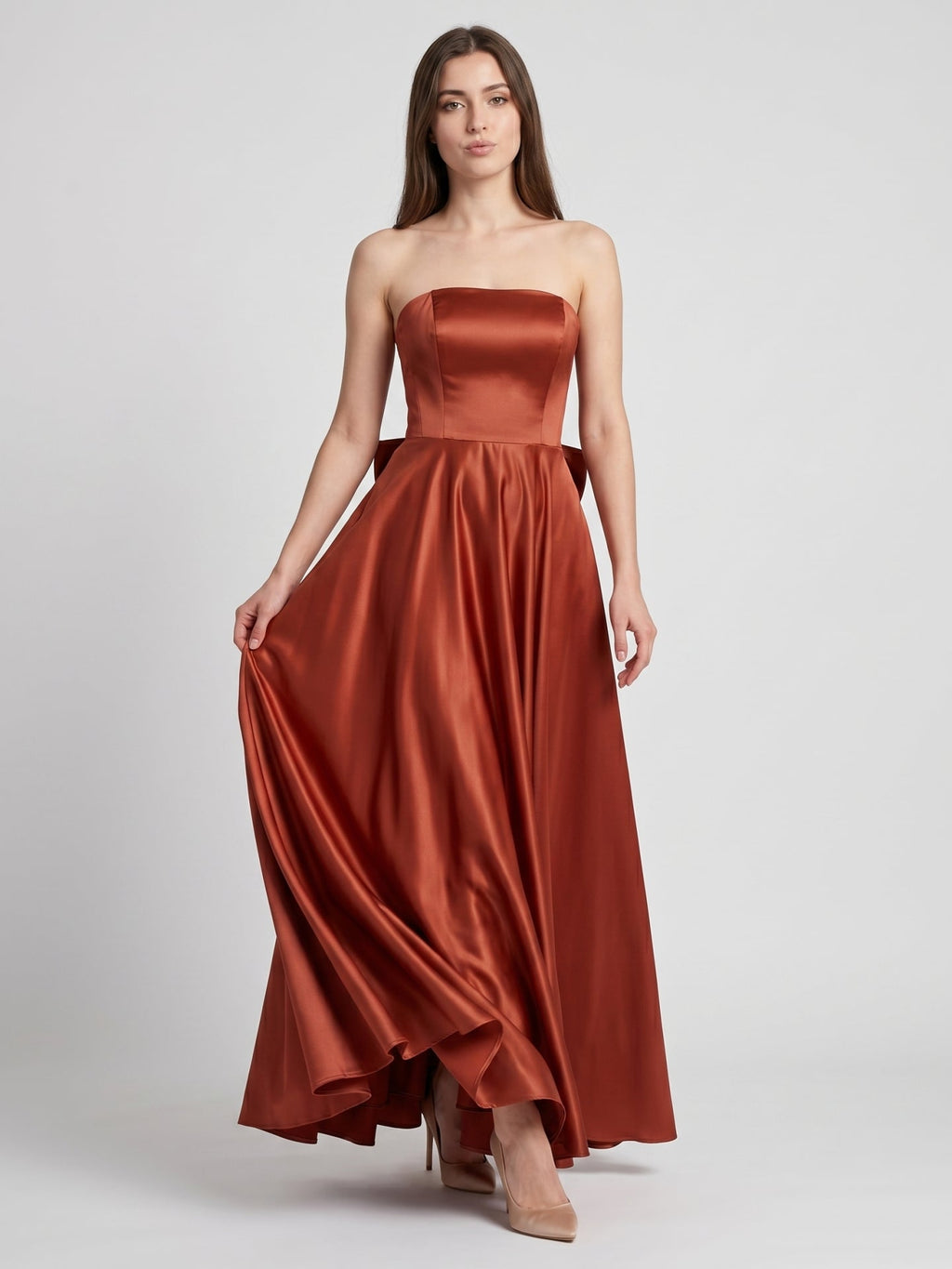 Rust Satin A-Line Straight Neck Backless Floor-Length Bridesmaid Dress with Bow Detail - Curvevia