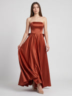 Rust Satin A-Line Straight Neck Backless Floor-Length Bridesmaid Dress with Bow Detail - Curvevia
