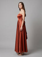 Rust Satin A-Line Straight Neck Backless Floor-Length Bridesmaid Dress with Bow Detail - Curvevia