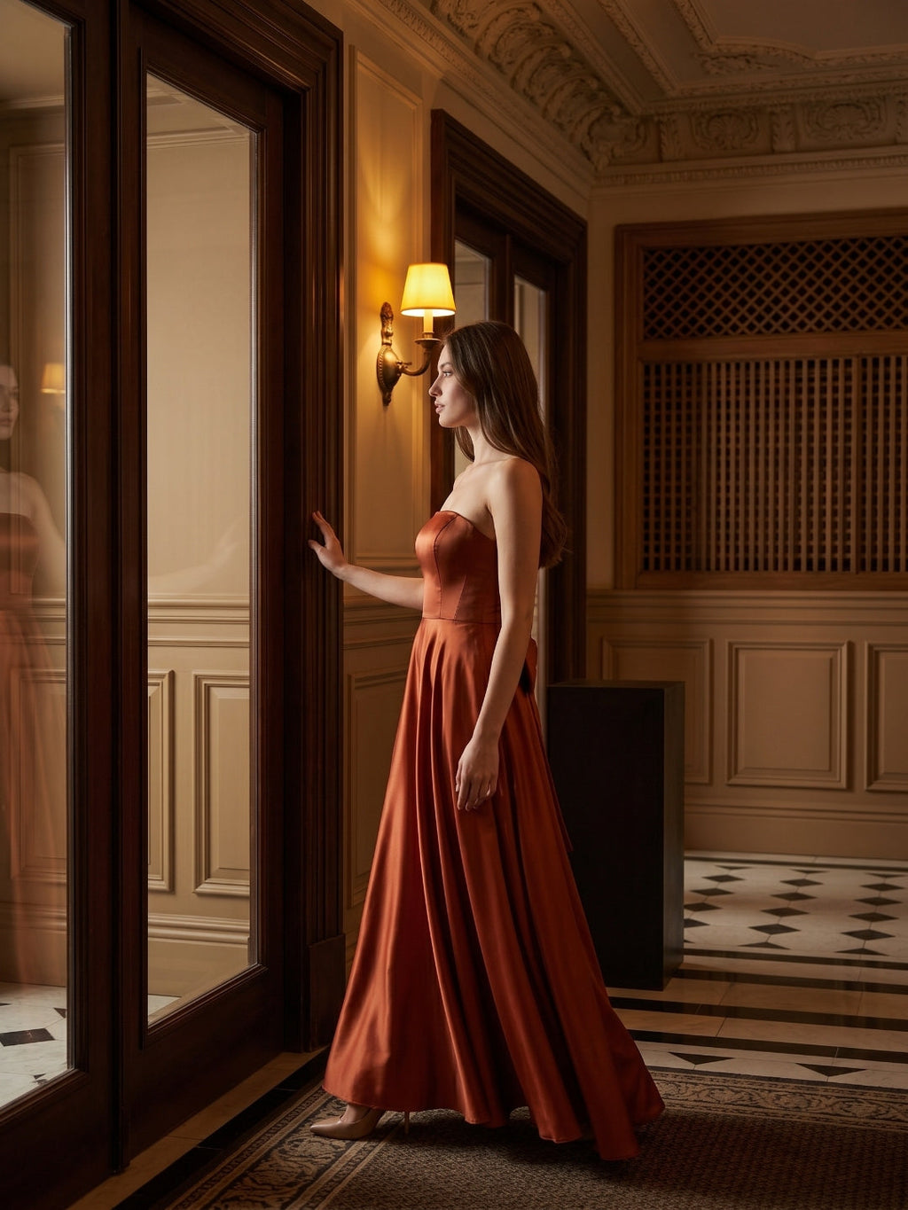 Rust Satin A-Line Straight Neck Backless Floor-Length Bridesmaid Dress with Bow Detail - Curvevia