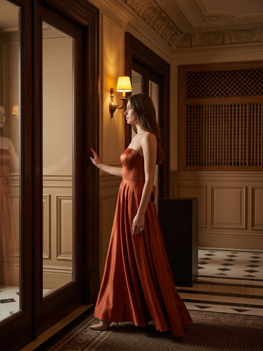 Rust Satin A-Line Straight Neck Backless Floor-Length Bridesmaid Dress with Bow Detail - Curvevia