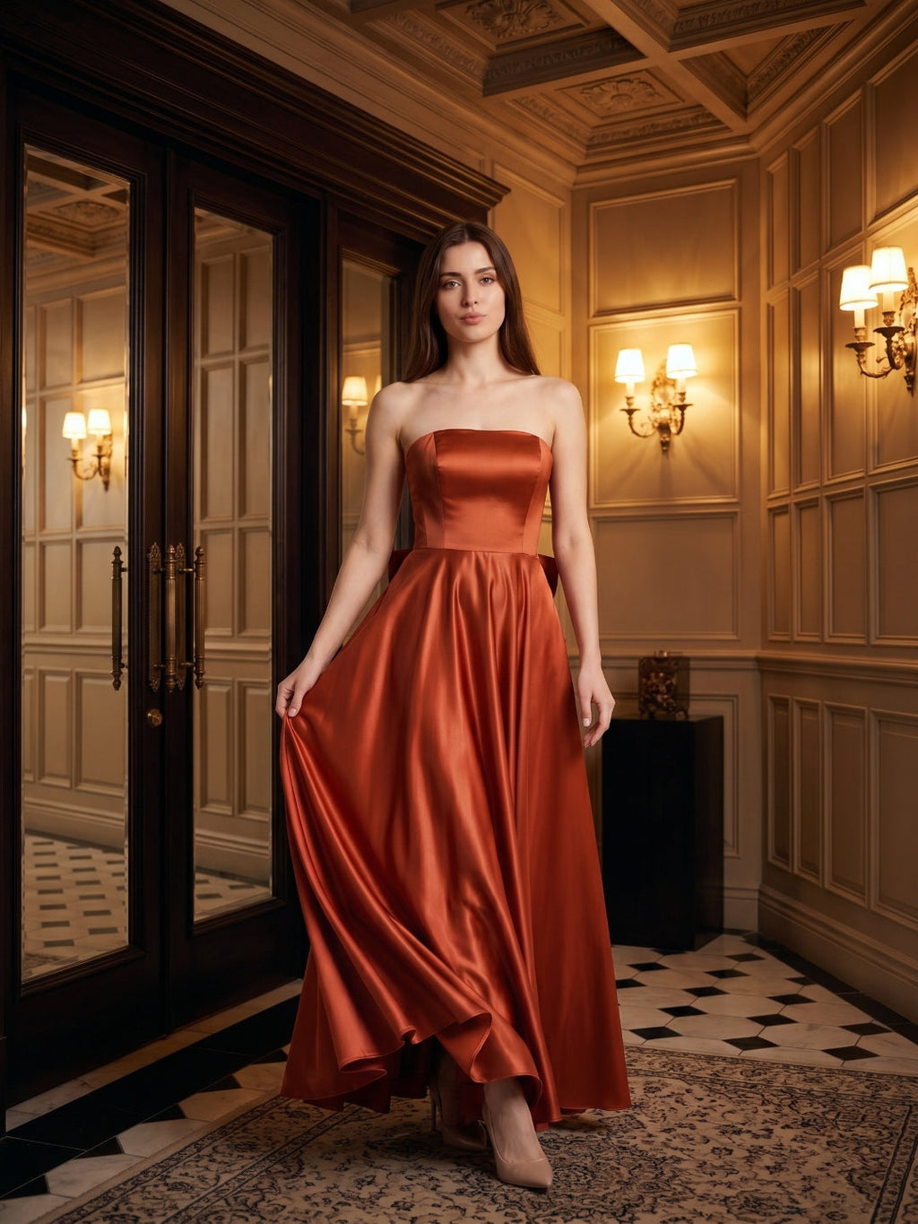 Rust Satin A-Line Straight Neck Backless Floor-Length Bridesmaid Dress with Bow Detail - Curvevia